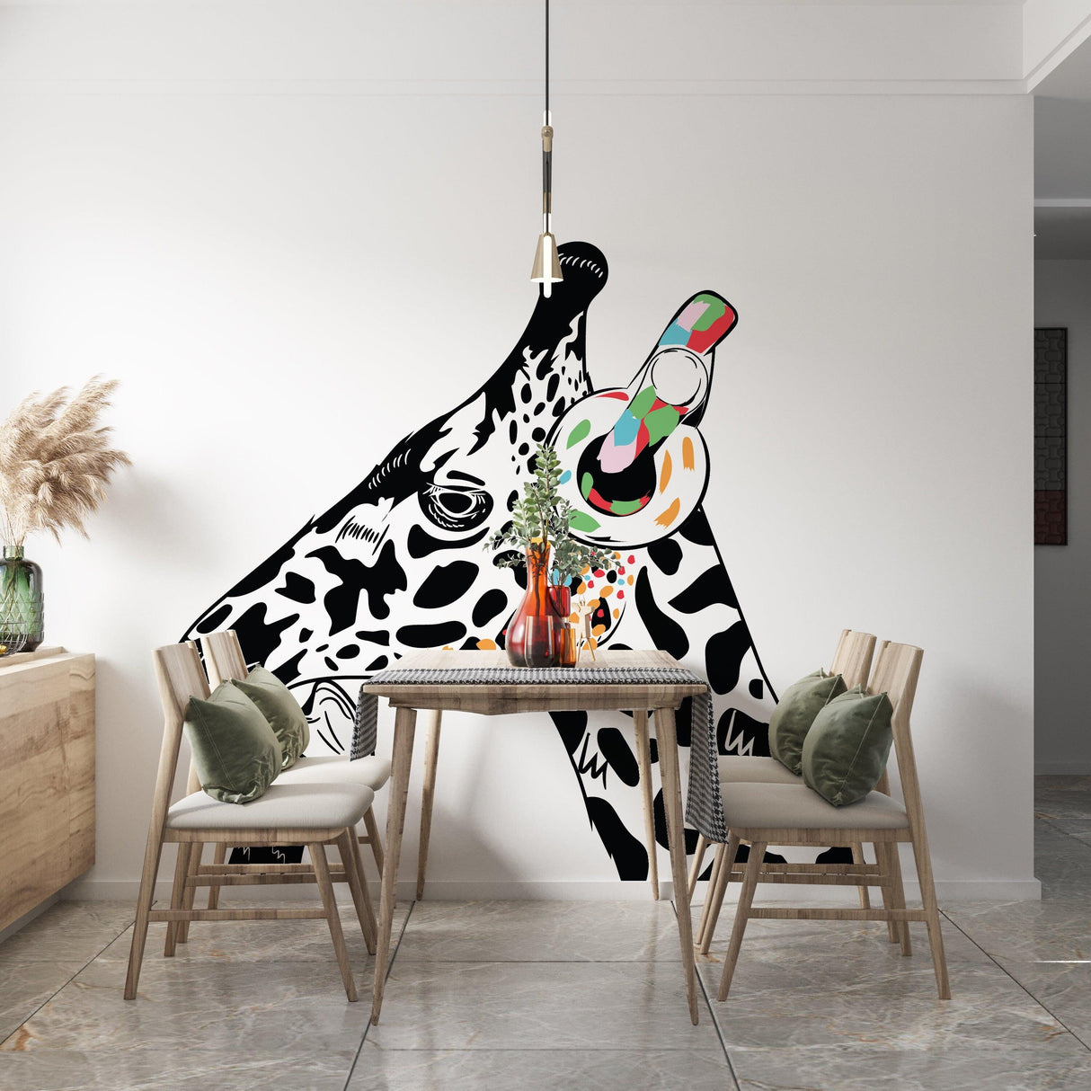 Colorful Thinking Giraffe Sticker on wall above a modern dining table with chairs in stylish interior decor.
