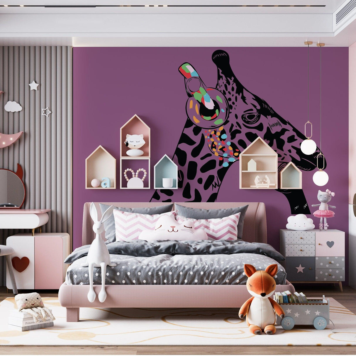 Giraffe wall art sticker in a playful bedroom, featuring a colorful giraffe with a party hat against a purple wall.