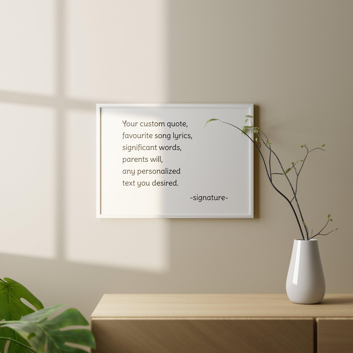 Custom quote poster print with personalized text and motivational lyrics displayed in a modern interior decor setting.