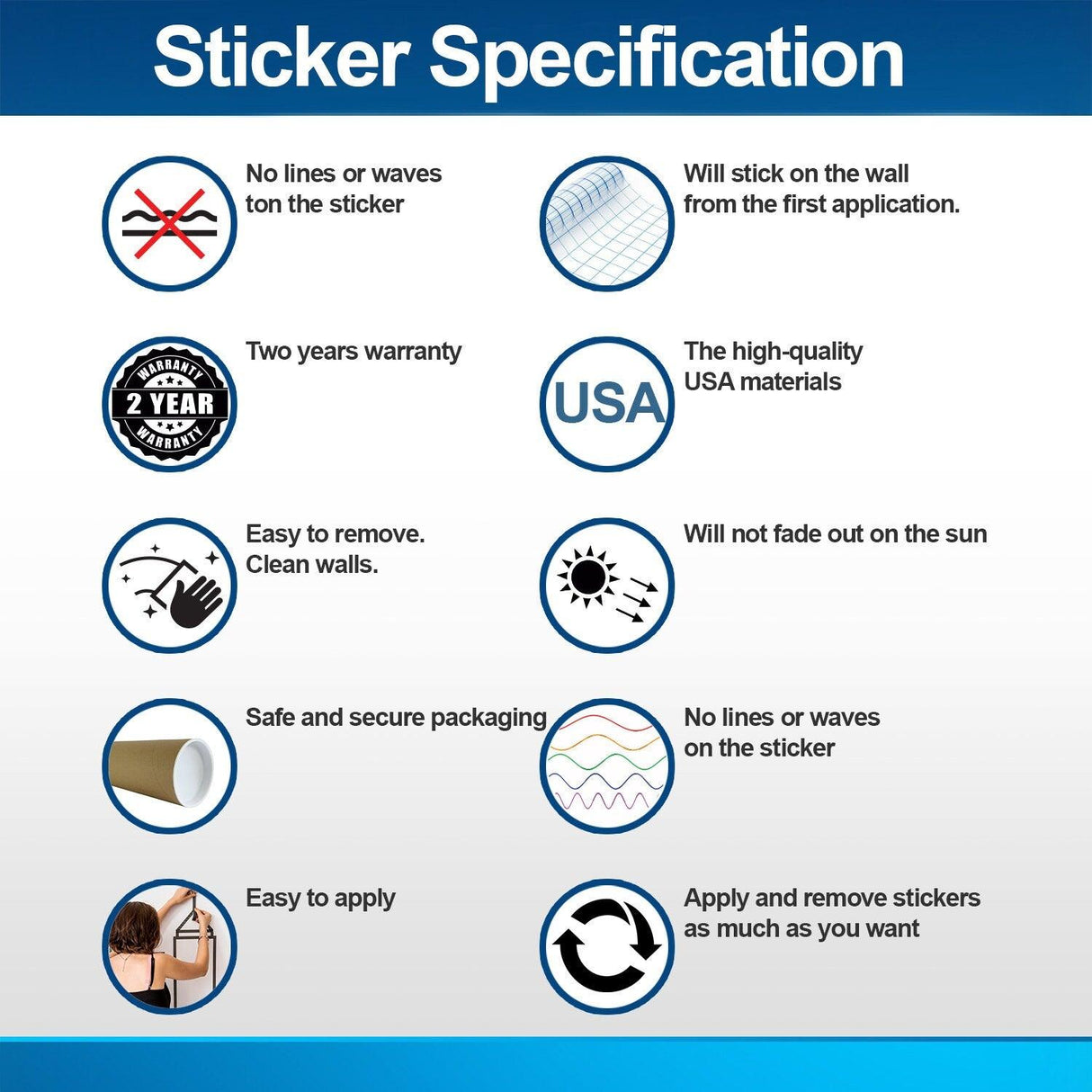Sticker specifications for vinyl decals: features include easy application, two-year warranty, and sun-resistant quality.