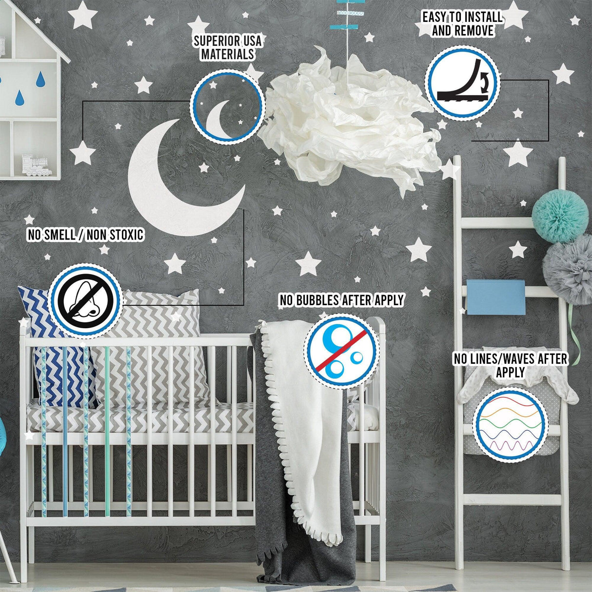 Stars wall decals pack with moon and cloud, showcasing installation features for nursery decor.
