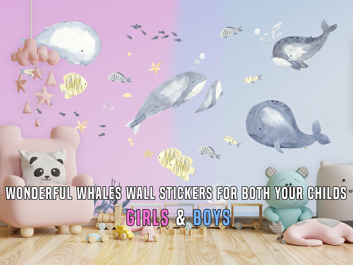 Colorful whales wall stickers for kids' rooms, featuring a fun marine theme for boys and girls.