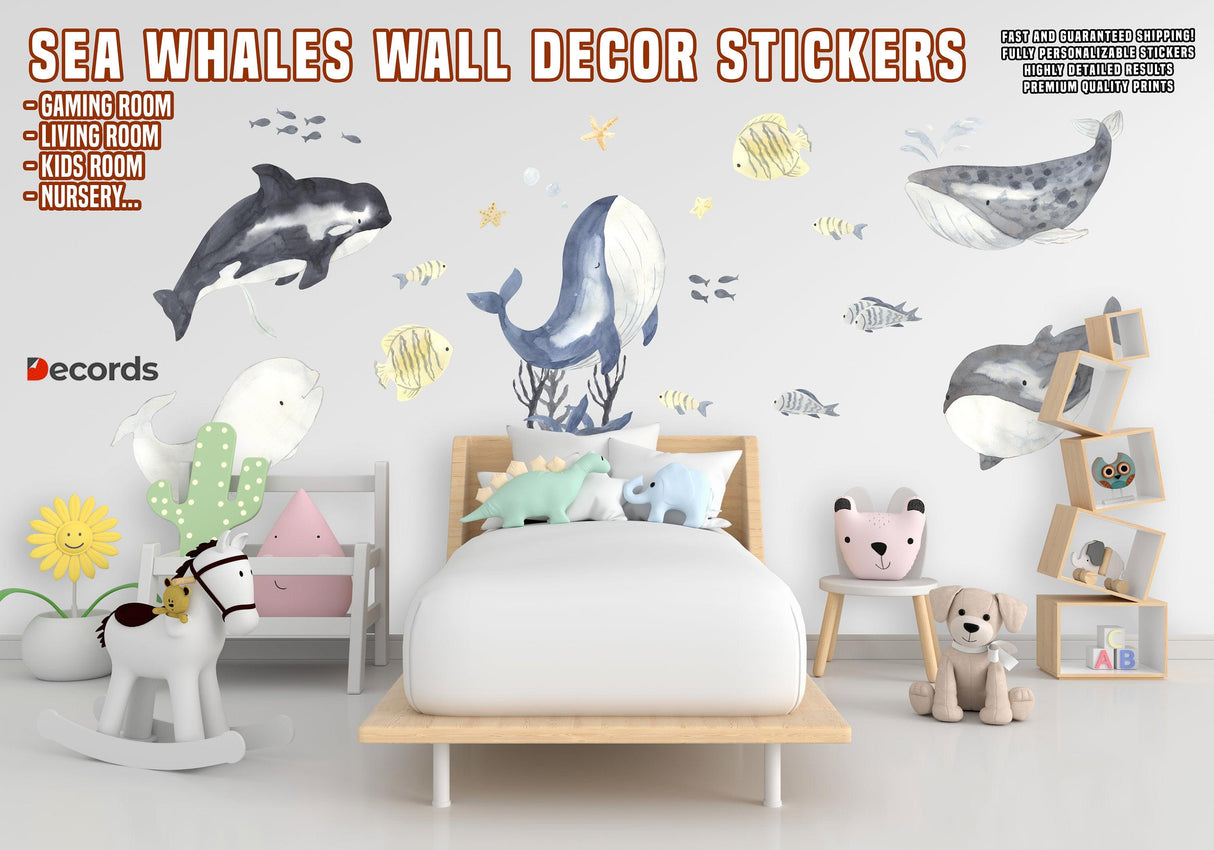 Ocean whales wall decor stickers for kids room, gaming room, and nurseries, featuring playful underwater scenes.