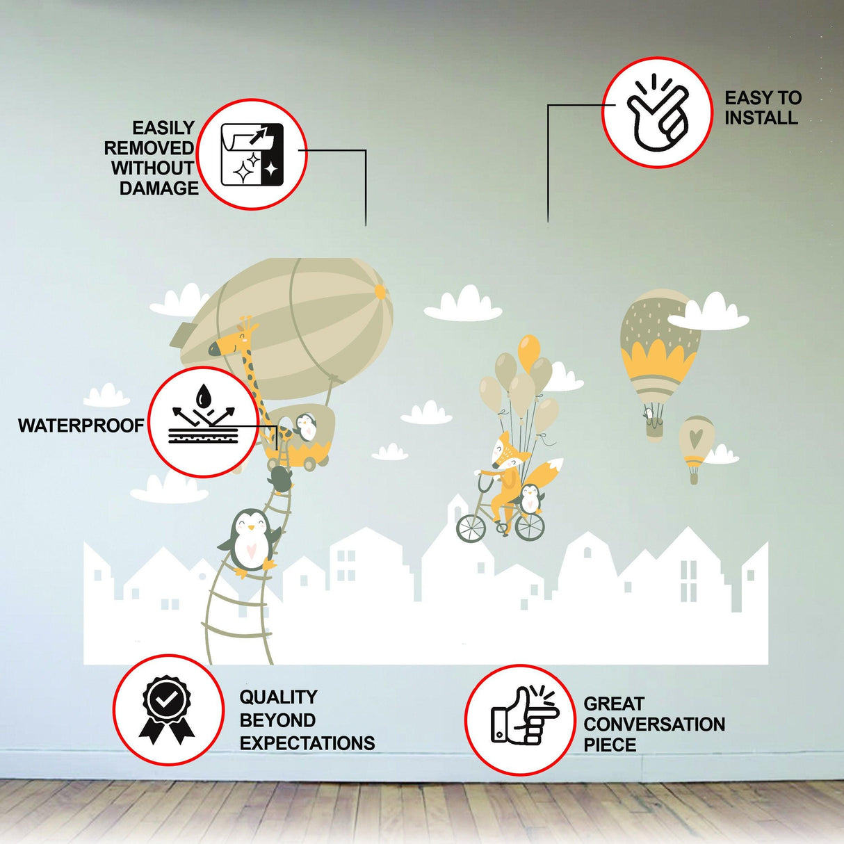 Penguins and fox wall stickers with balloons, features highlighted for easy installation, waterproof, and quality assurance.