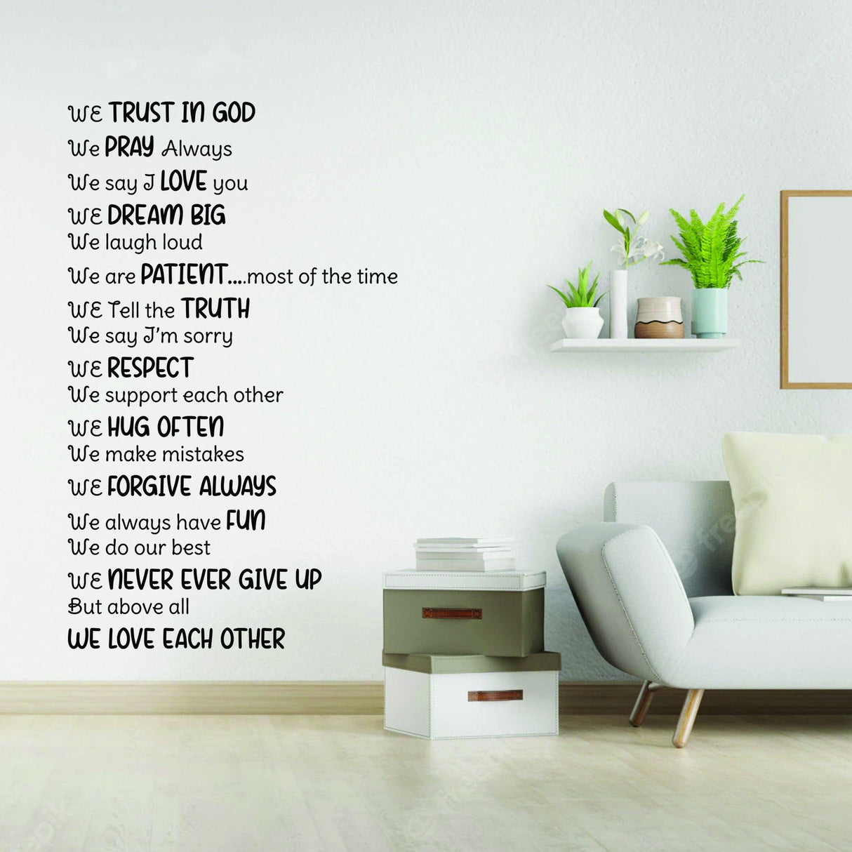 Christian wall vinyl sticker featuring uplifting phrases and Bible quotes in stylish text on a modern living room wall.