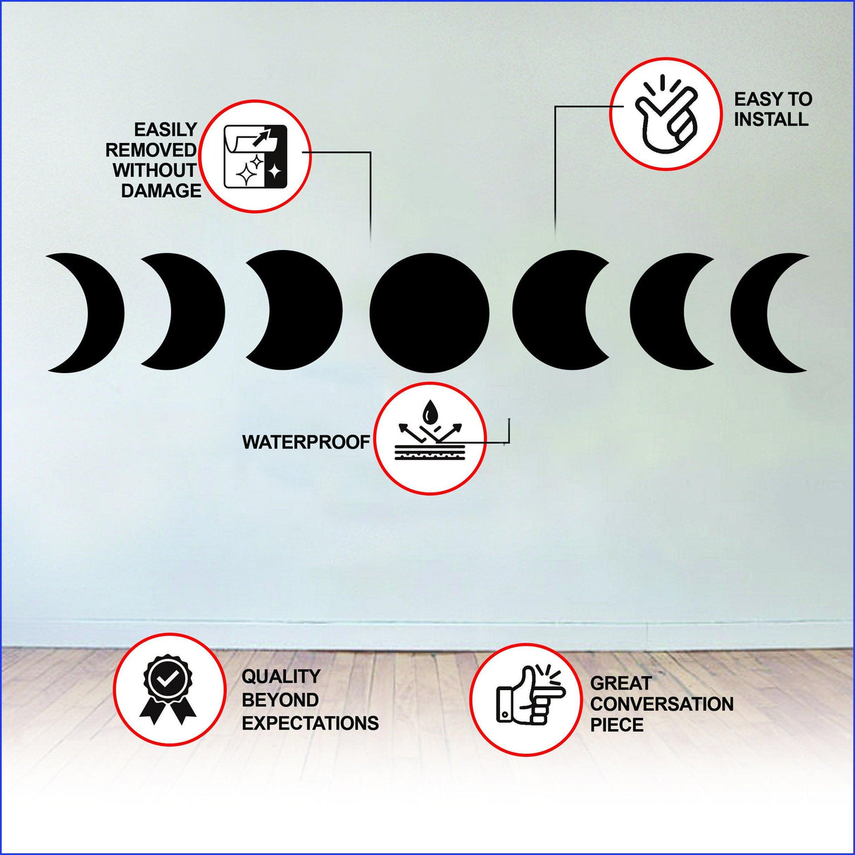 Moon phase wall decor sticker features easy installation, waterproof design, and removable without damage.