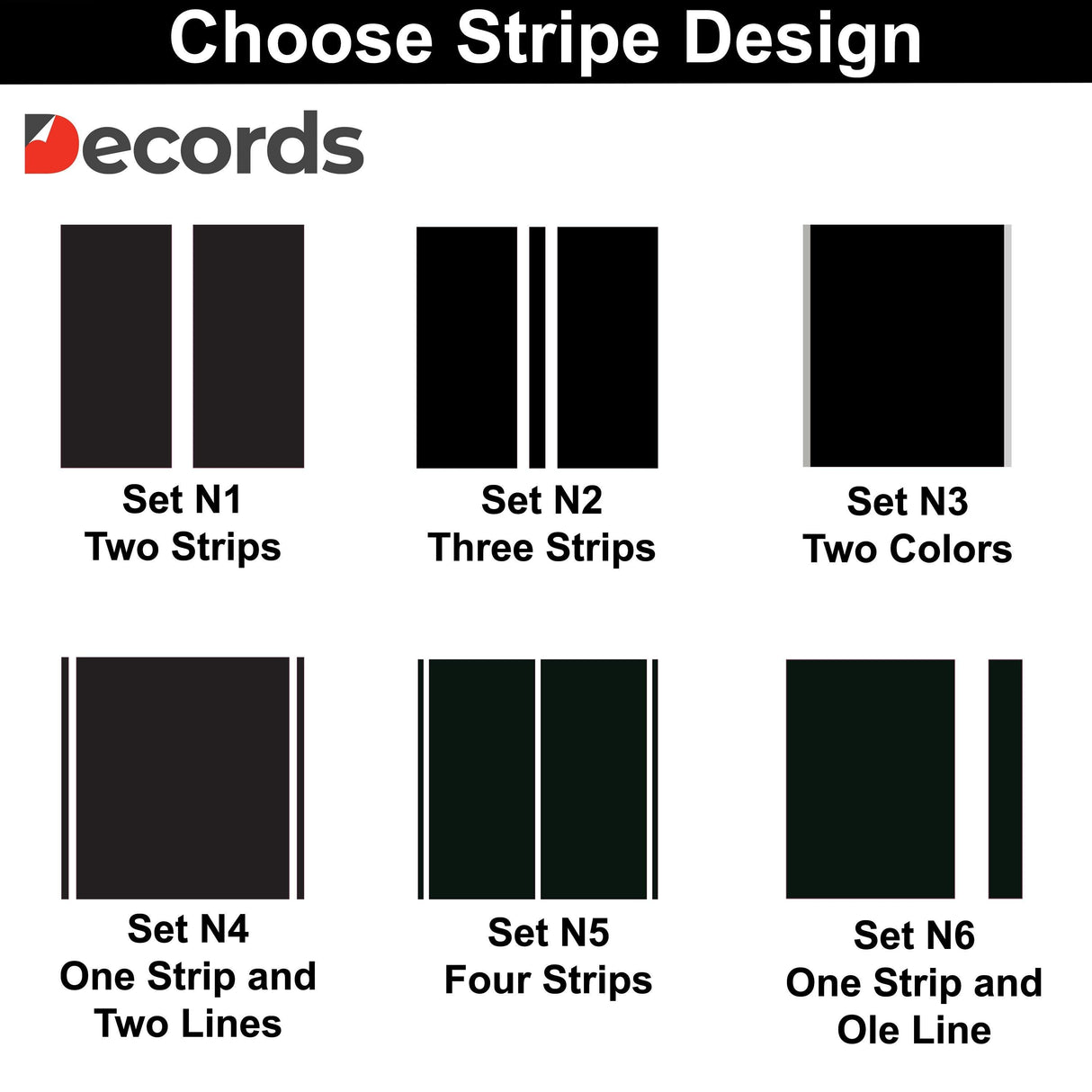 Choose from six stripe designs for Two Lines Racing Stripes Car Stickers including two, three, and four strips.
