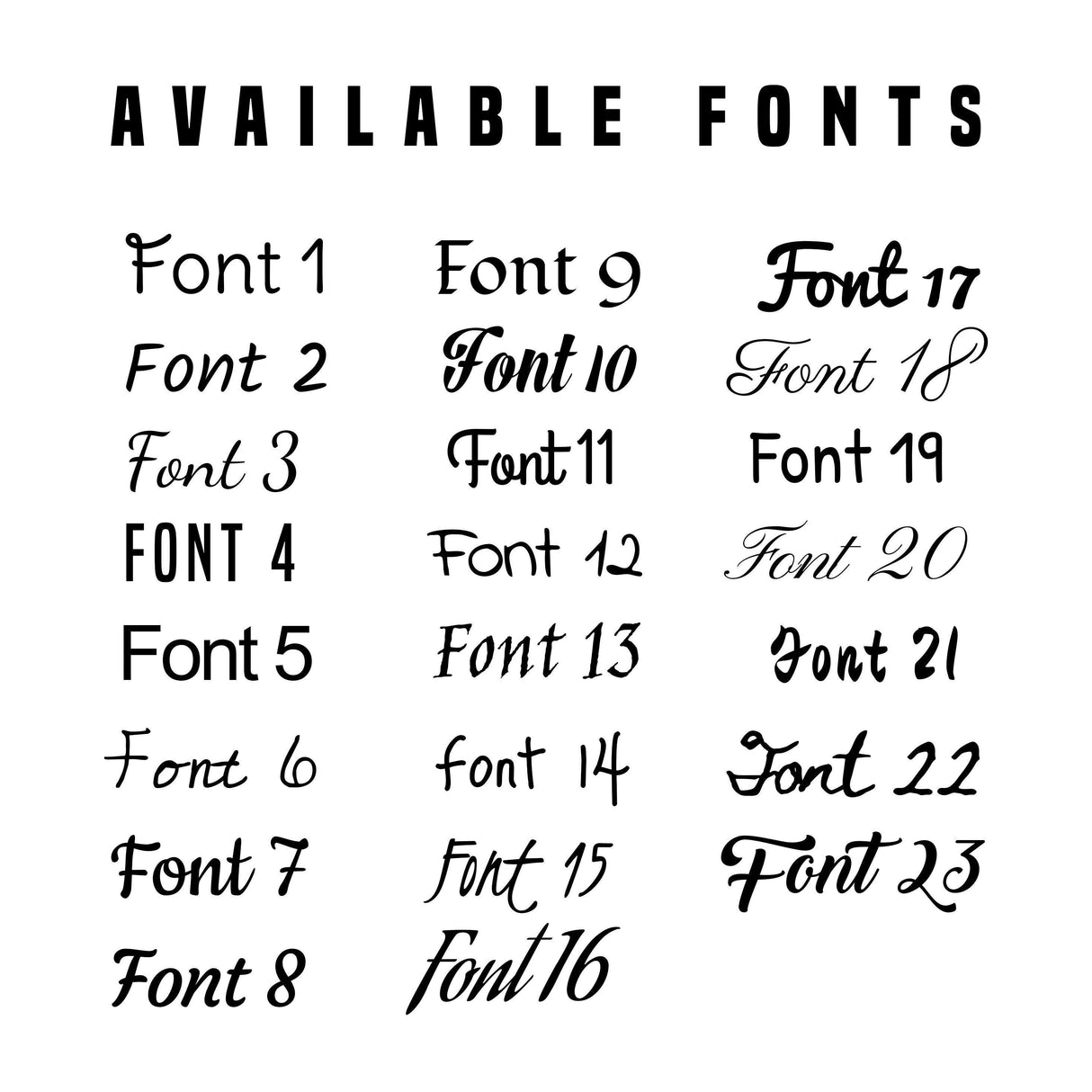 Image showcasing available fonts for personalized mailbox decals, featuring 23 different styles.