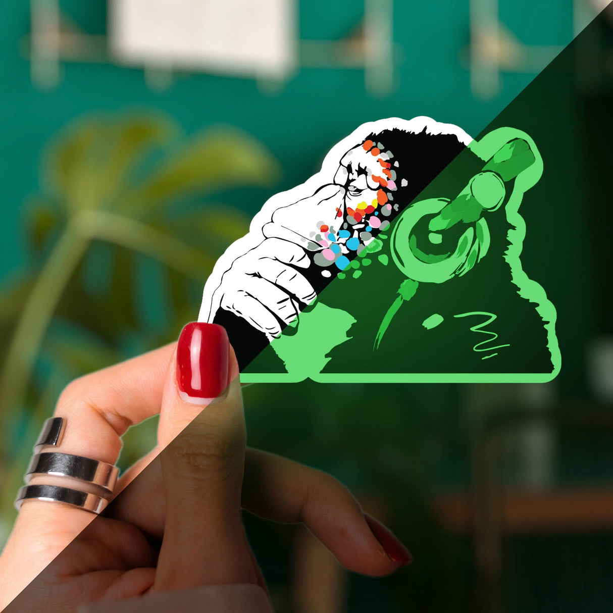 Glow in the dark monkey vinyl sticker for laptops, featuring a playful design perfect for music lovers.