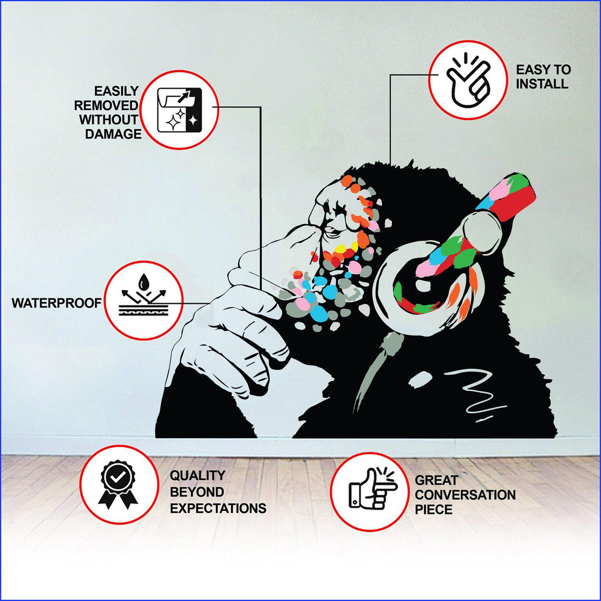 Banksy Thinking Monkey Sticker on a wall with features highlighted: easy installation, waterproof, removable, and quality.