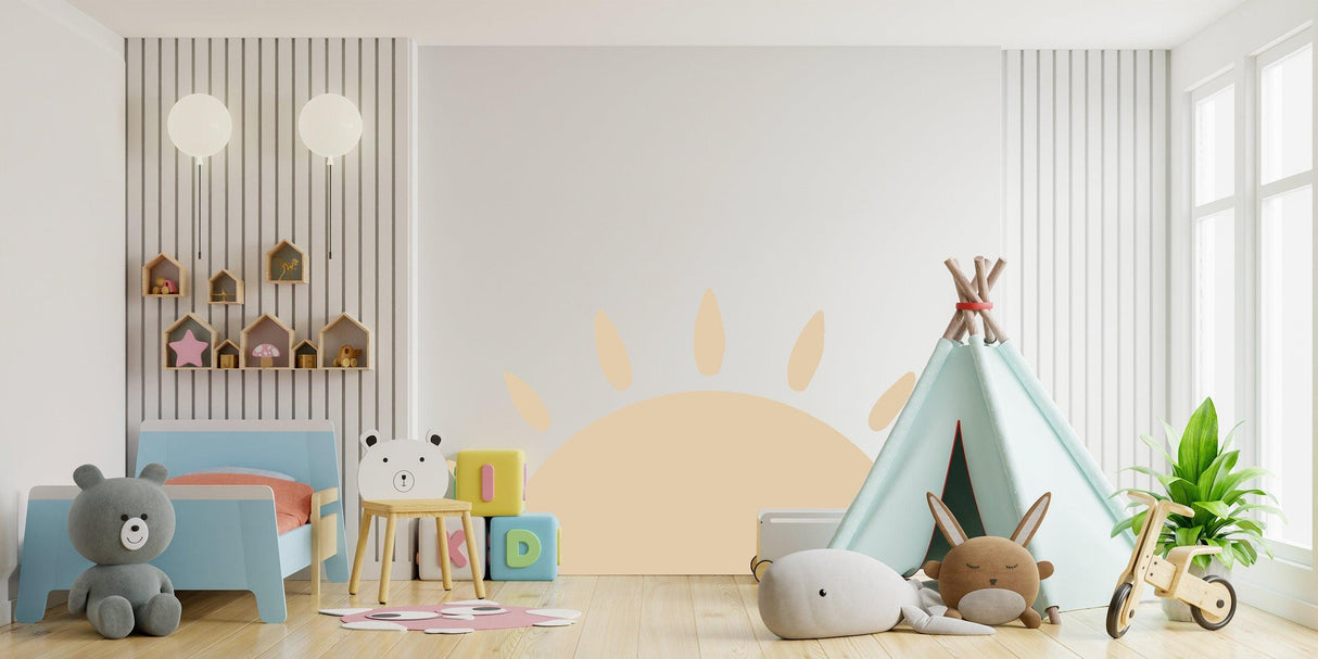 Boho sun wall decal in a cozy nursery, enhancing the room's charm with a soft sunshine design and playful decor.