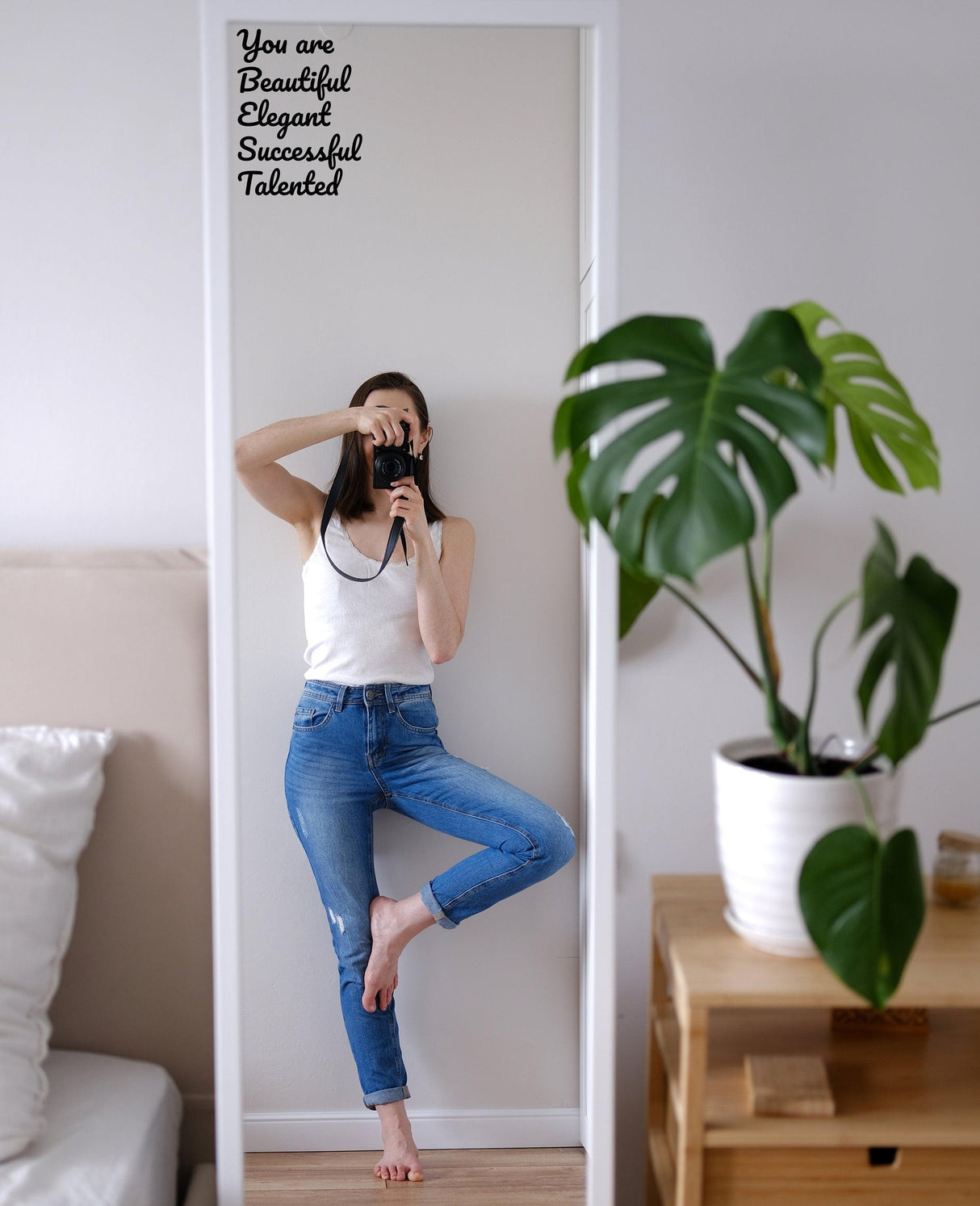 Mirror decal with positive affirmations 'You are Beautiful, Elegant, Successful, Talented' in a stylish home setting.
