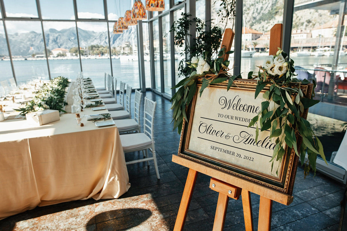 Welcome to our wedding sign with custom names Oliver and Amelia in an elegant decor setting.