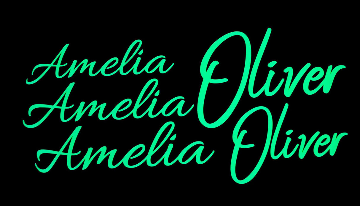 Personalized glow in the dark vinyl name decals featuring names 'Amelia' and 'Oliver'.