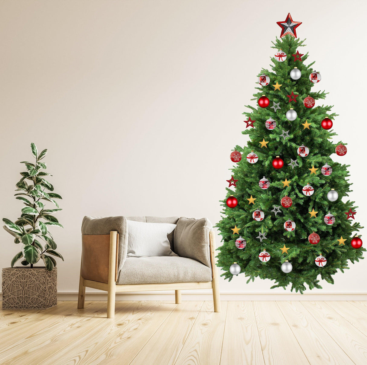 Large Christmas tree wall vinyl decal with ornaments in a cozy living room setting.