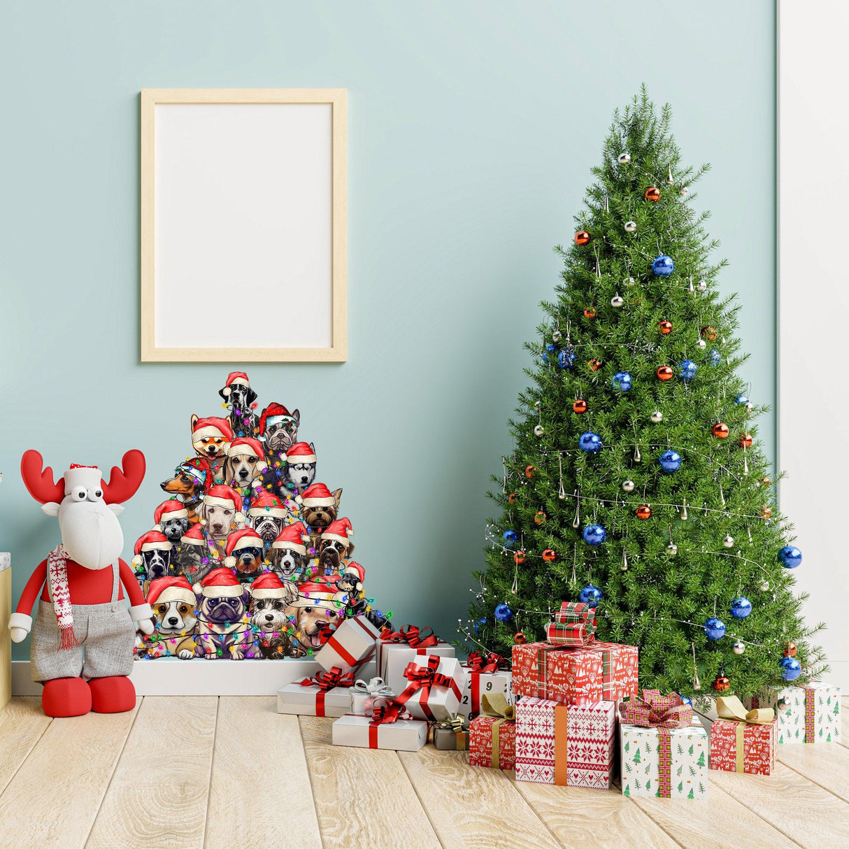 Funny Christmas tree wall decal featuring playful dogs, with festive decorations and gifts in a cozy holiday setting.