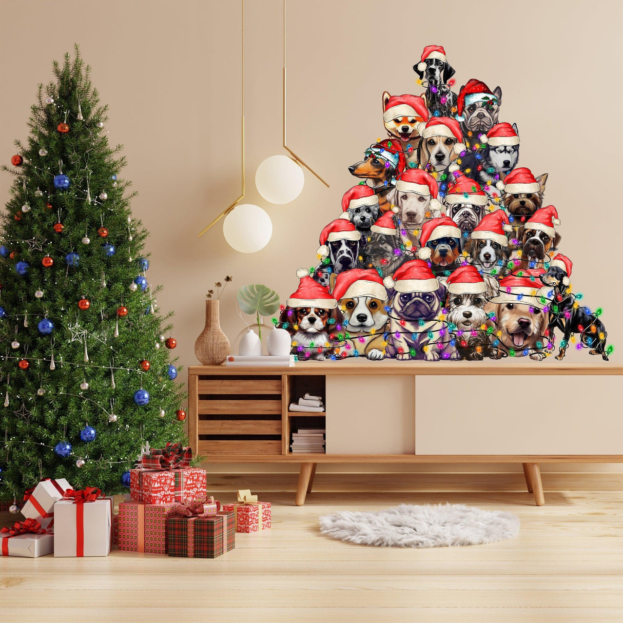 Funny Christmas tree wall decal featuring playful dogs in Santa hats, decorating a festive living room.