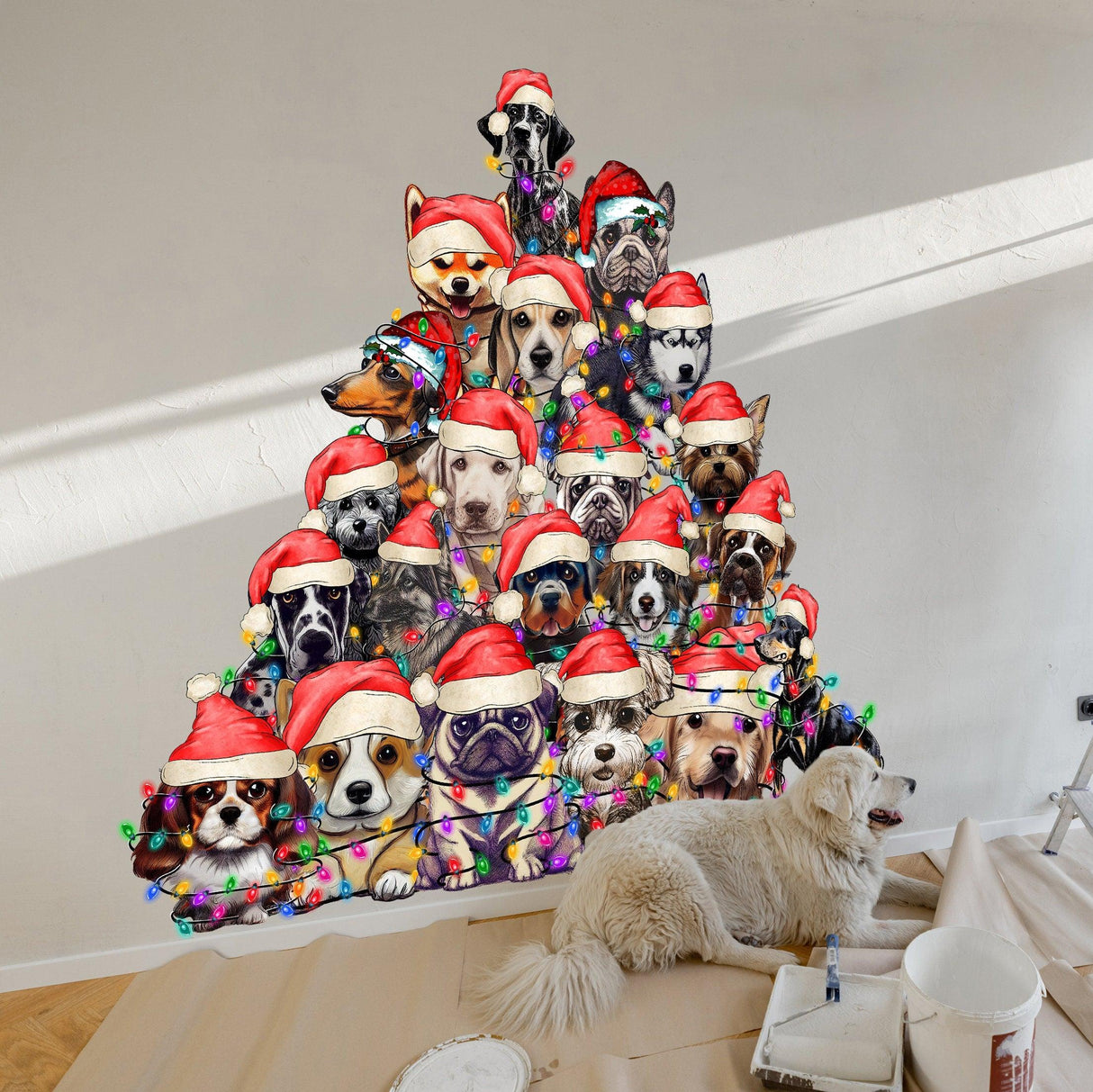 Funny Christmas tree wall sticker featuring playful dogs in Santa hats and Christmas lights, perfect for holiday decor.
