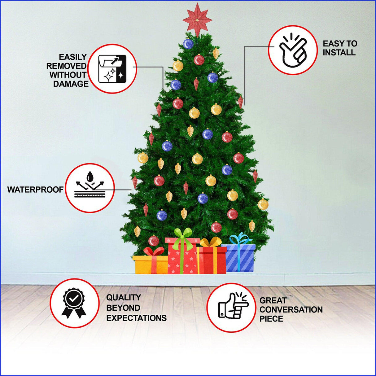 Large Christmas tree wall sticker with colorful ornaments and gifts, features easy installation and waterproof design.
