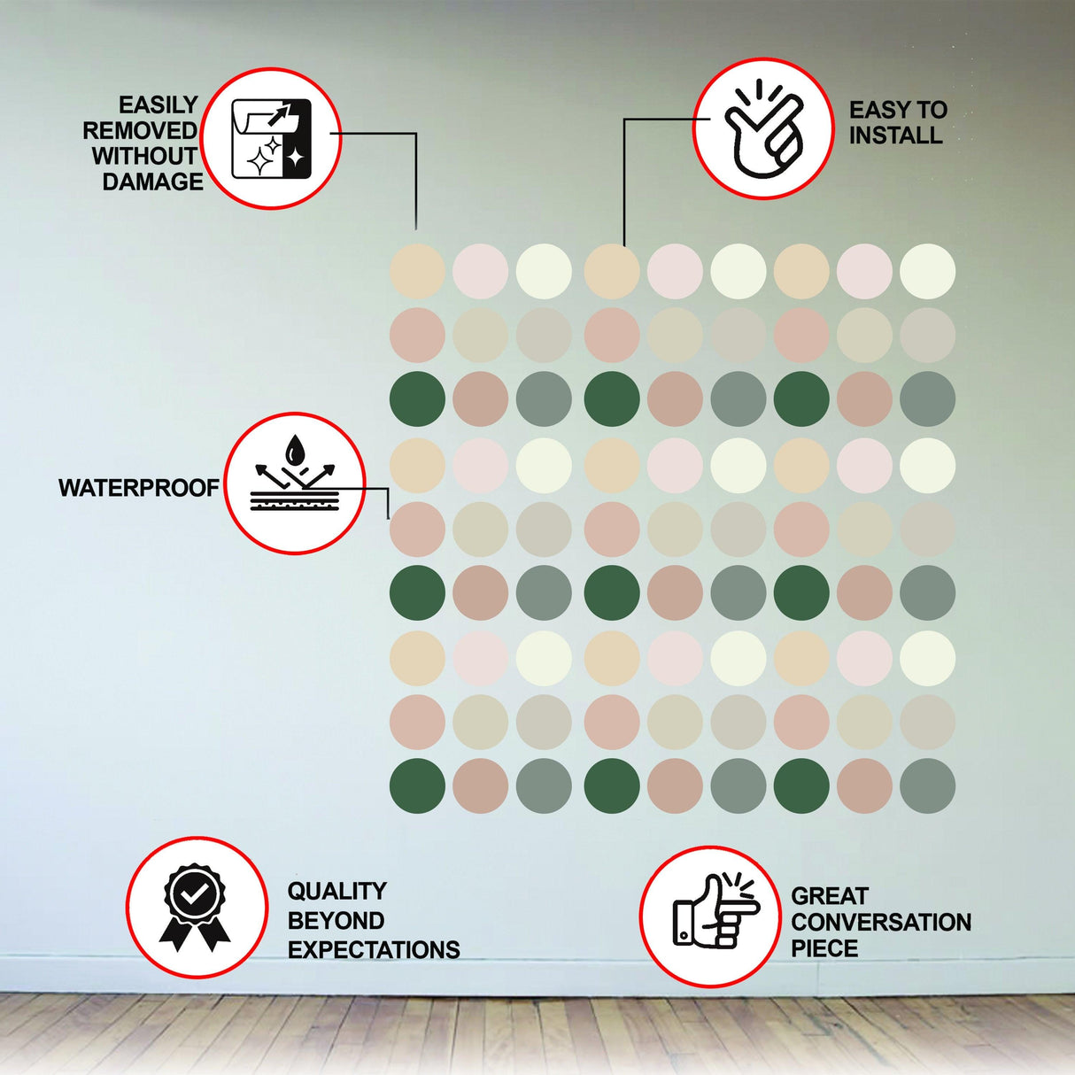 Neutral boho dots decals on wall with installation features, waterproof, easy removal, and quality assurance highlights.