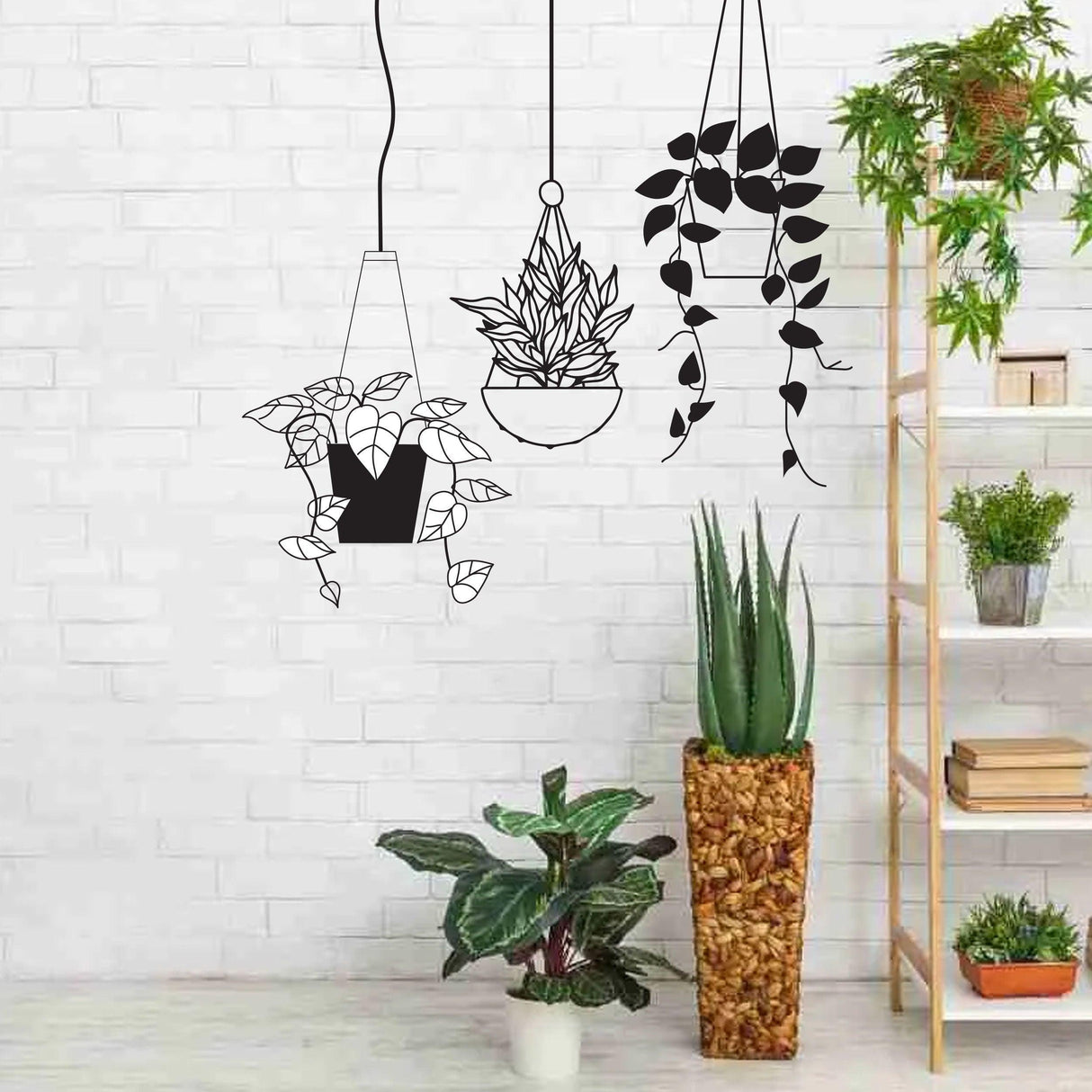 Hanging plant basket wall sticker displayed in a living room with tropical decor and potted plants.