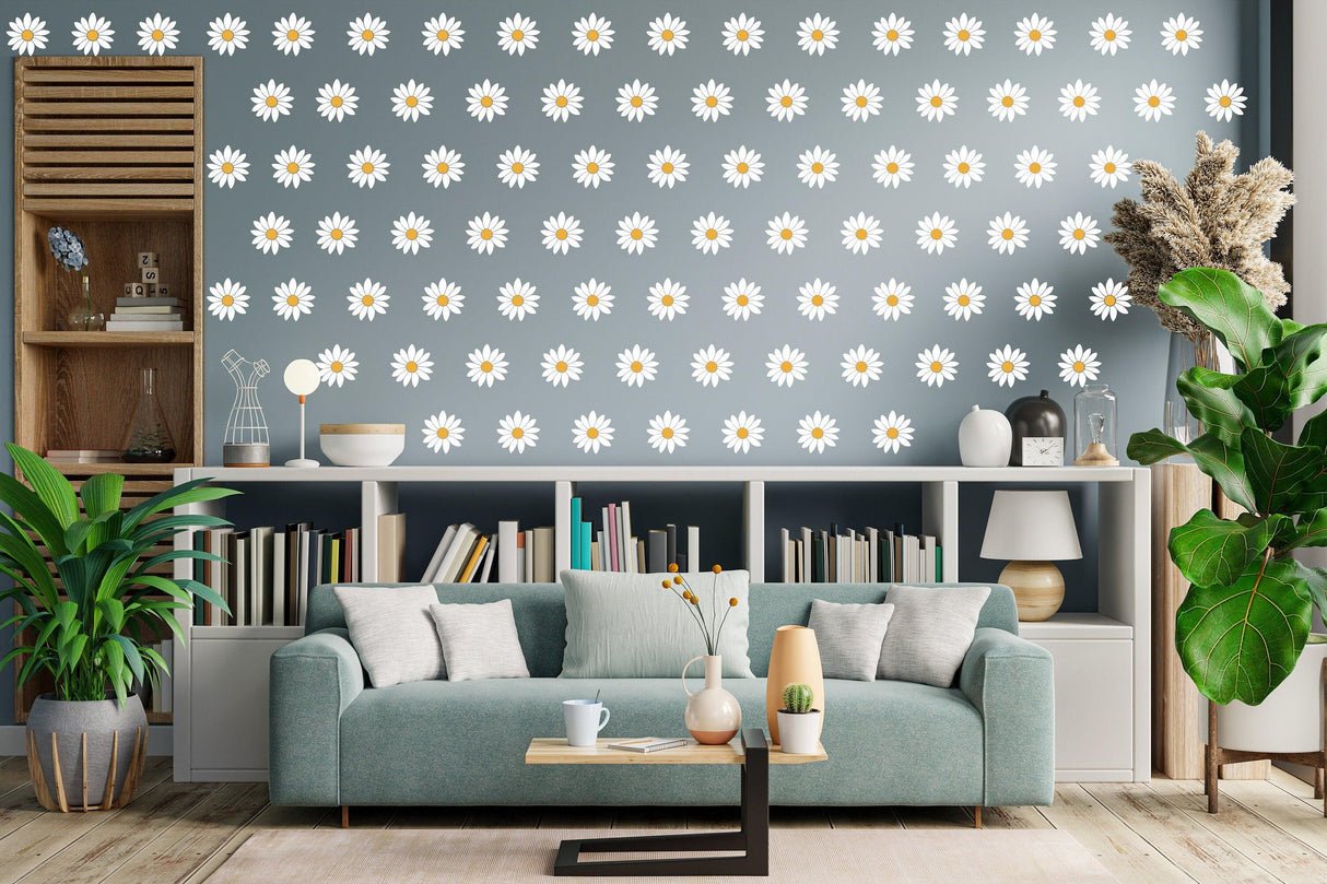 Living room with daisy wall decals, showcasing a vibrant and stylish decor with natural elements and modern furniture.