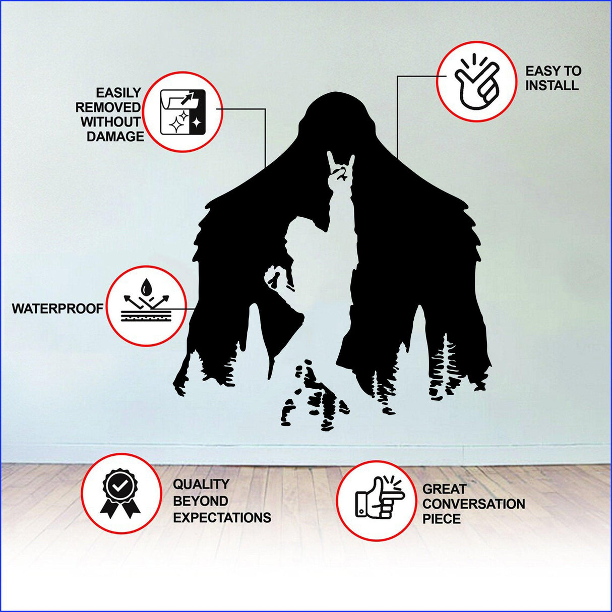 Sasquatch sticker infographic highlighting installation, waterproof features, and quality for Bigfoot enthusiasts.