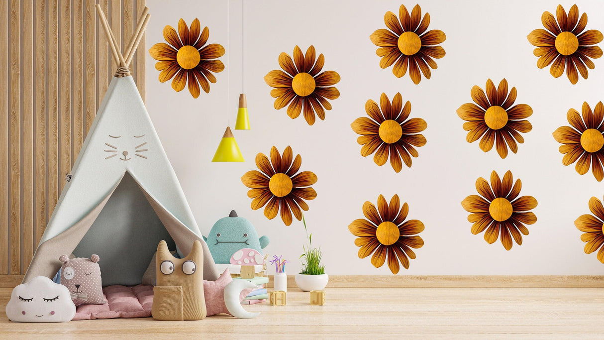 Boho Daisy wall stickers in a cozy kids' room with a tent, featuring brown flowers on the wall for decor.