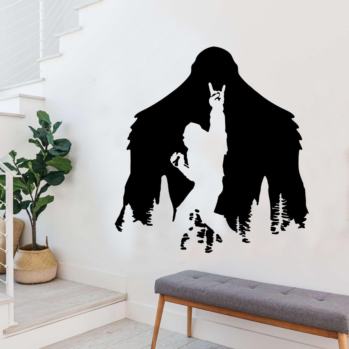 Black Sasquatch wall decal featuring a silhouette of Bigfoot in a forest, perfect for fans of the mysterious creature.