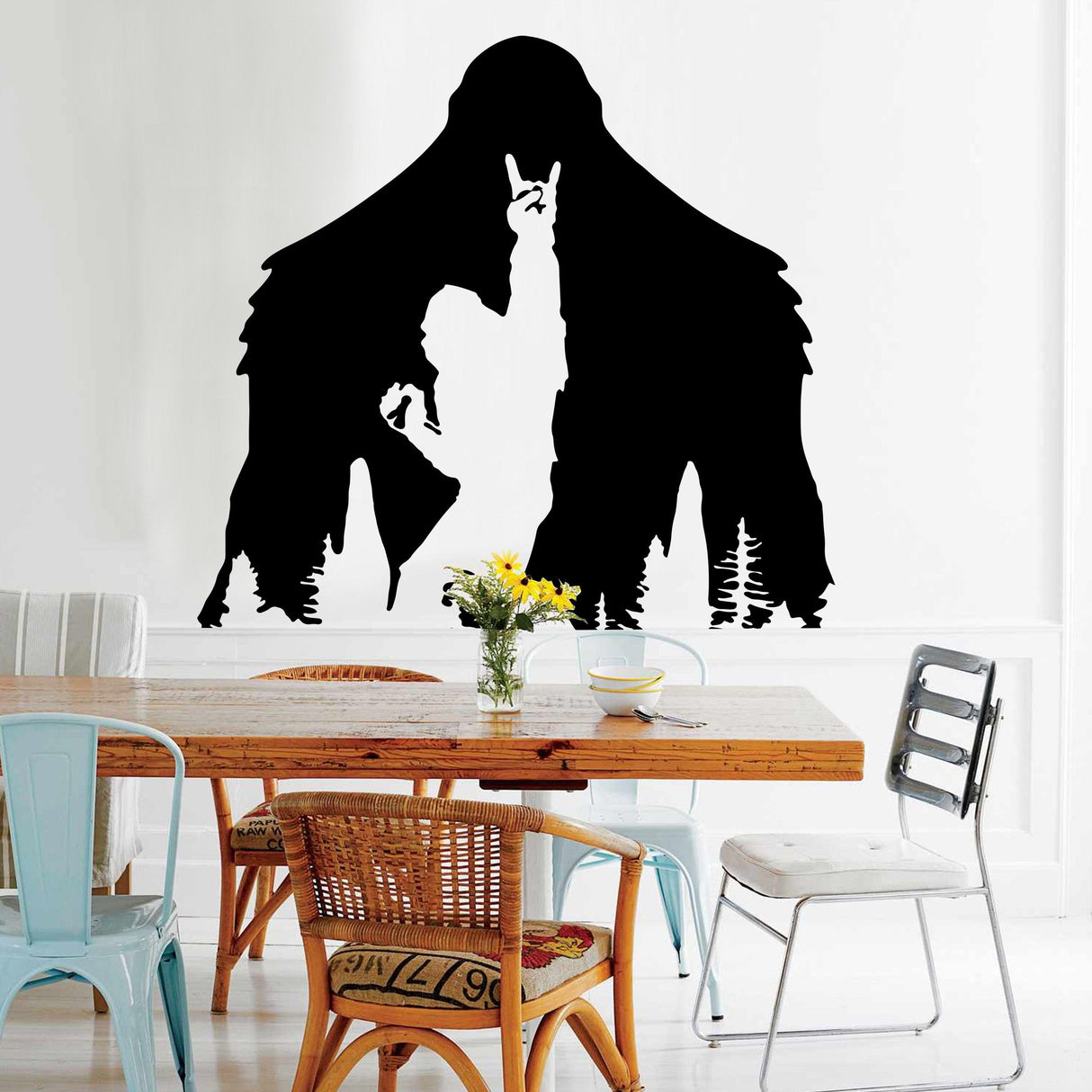 Sasquatch wall decal featuring a silhouette of Bigfoot with a figure, enhancing home decor with a mysterious theme.