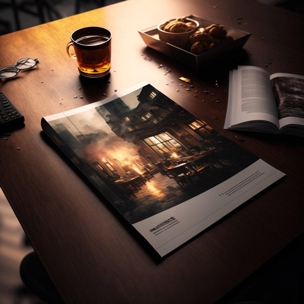 Custom printed flyer showcased on a wooden table, with a cup of tea and an open magazine in a cozy setting.