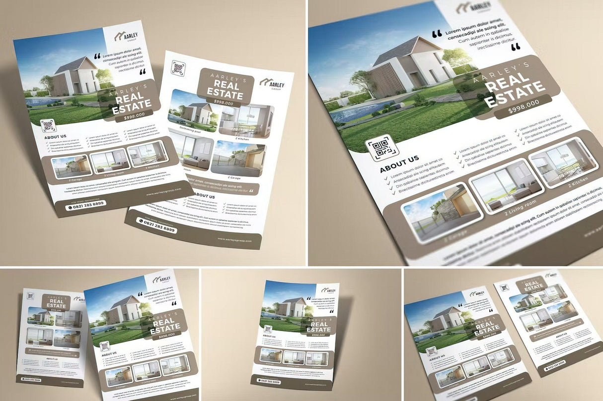 Collage of custom printed real estate flyers showcasing modern design and high-quality images.