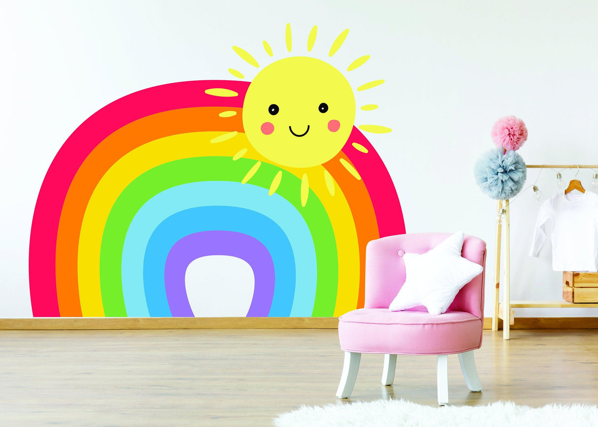 Colorful rainbow wall sticker with a smiling sun, perfect for nursery decor and creating a playful atmosphere.