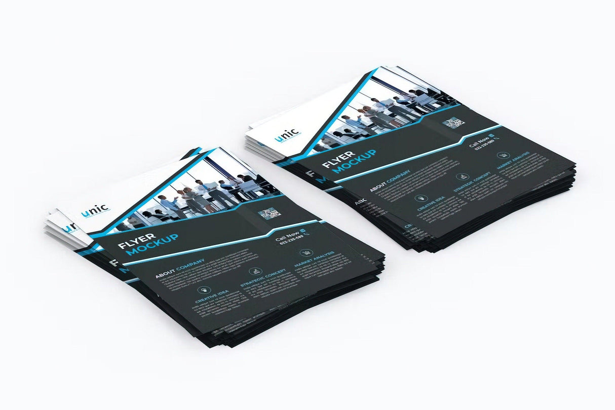 Two stacks of custom printed flyers showcasing a professional and modern design mockup.