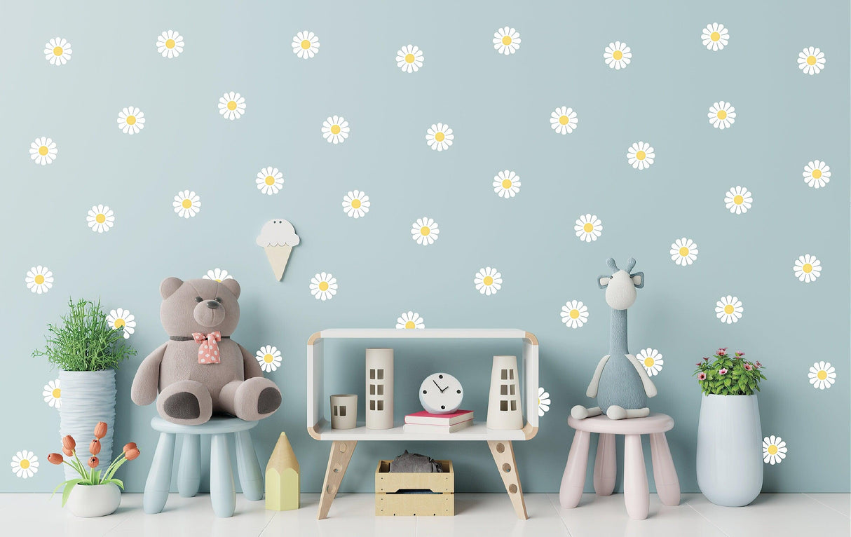 Bright and cheerful room with daisy wall decals, plush toys, and colorful decor, perfect for a children's space.