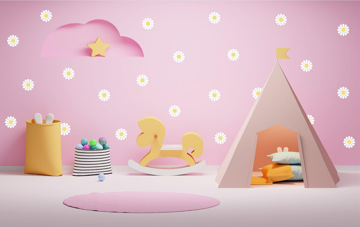 Playful nursery scene with pink walls, white daisy decals, a rocking duck, and a cozy tent for kids.