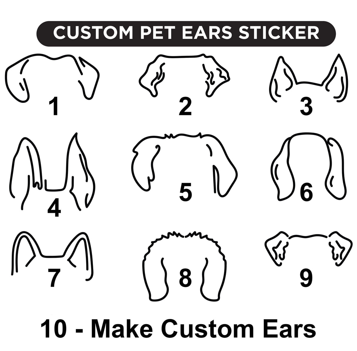 Variety of custom pet ear stickers for personalized car decals showcasing different dog ear designs.