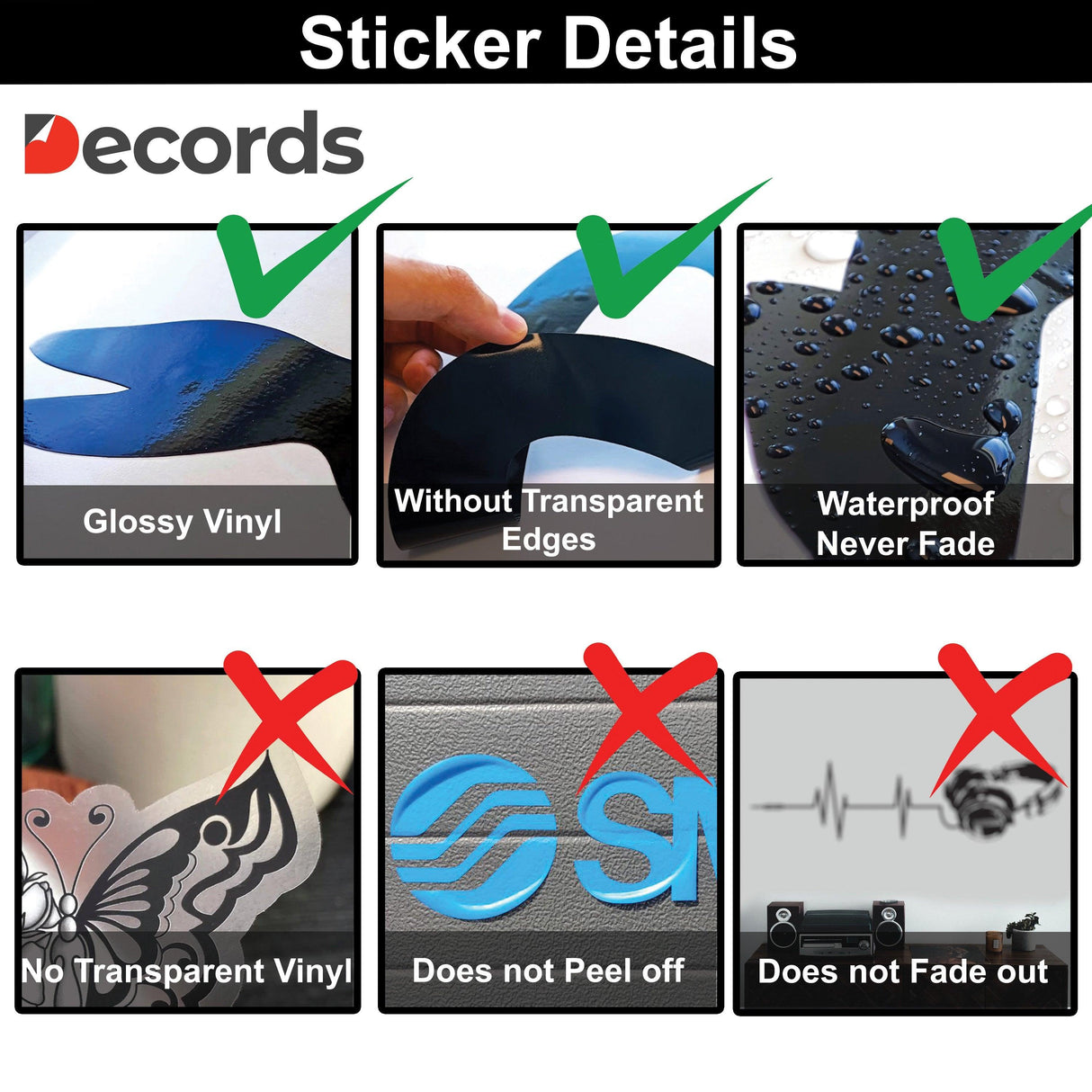 Details of glossy waterproof vinyl sticker showing features like non-transparent edges and durability.