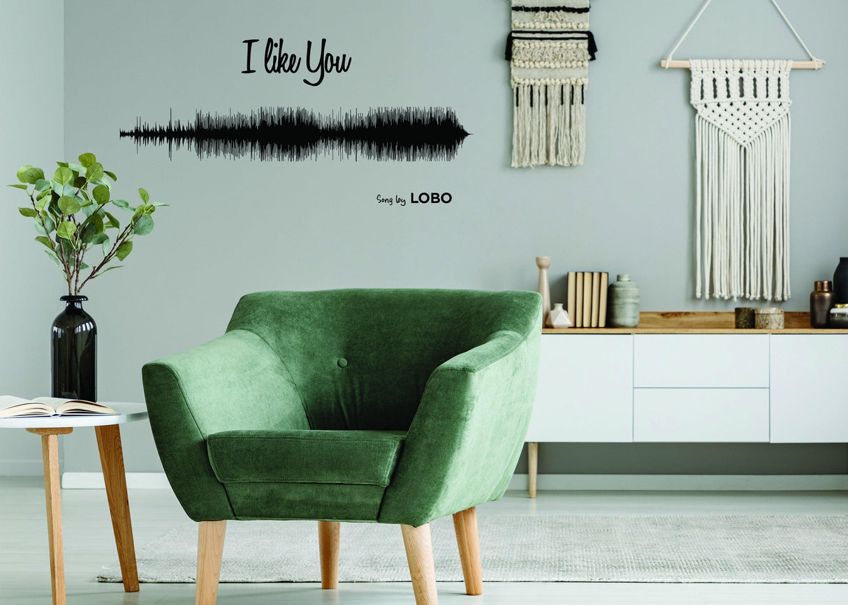 Personalized sound wave wall sticker in a modern living room, featuring the quote 'I like You' by Lobo.