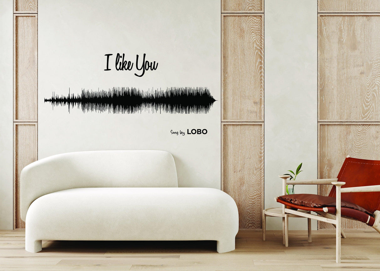 Personalised sound wave art wall sticker featuring the phrase 'I like You' by Lobo in a modern living room.