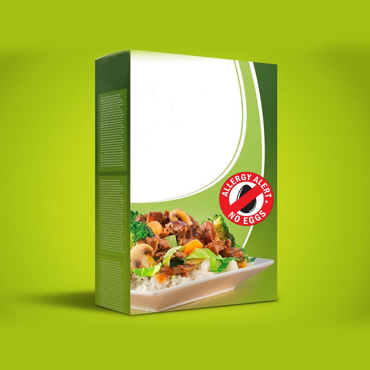Allergy alert no eggs sticker on food packaging, promoting awareness of egg allergies for safety.