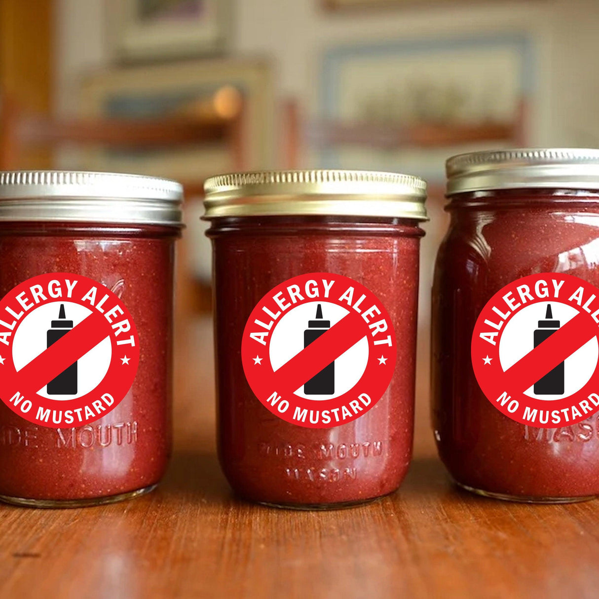 Three jars with Allergy Alert No Mustard labels, highlighting mustard allergy awareness for safe food storage.