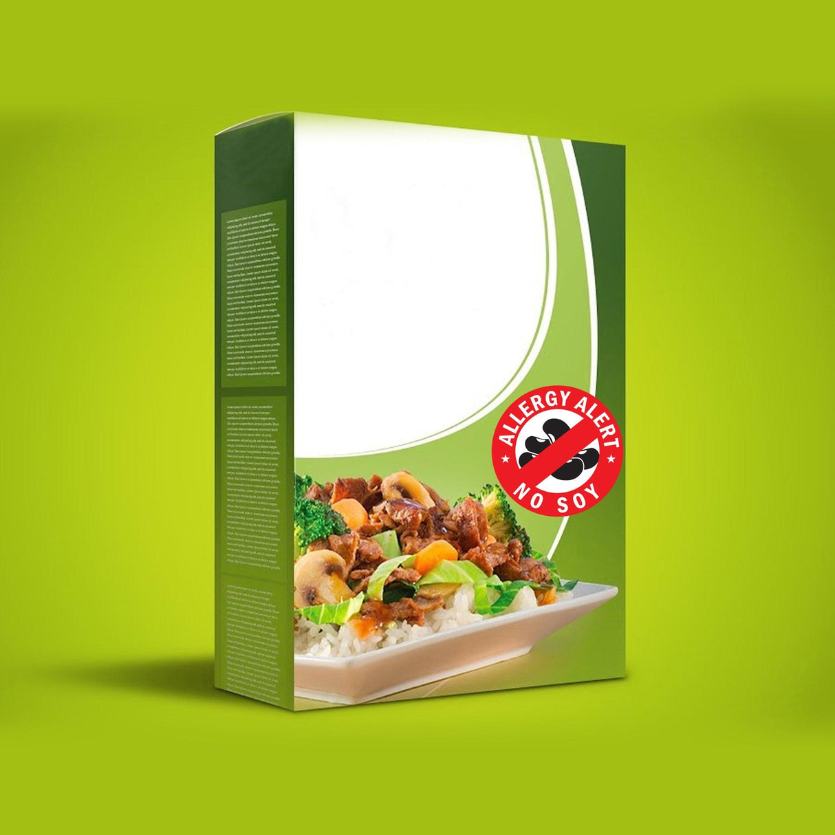 Packaging box with No Soy Allergy Alert sticker for food allergens awareness and safety.