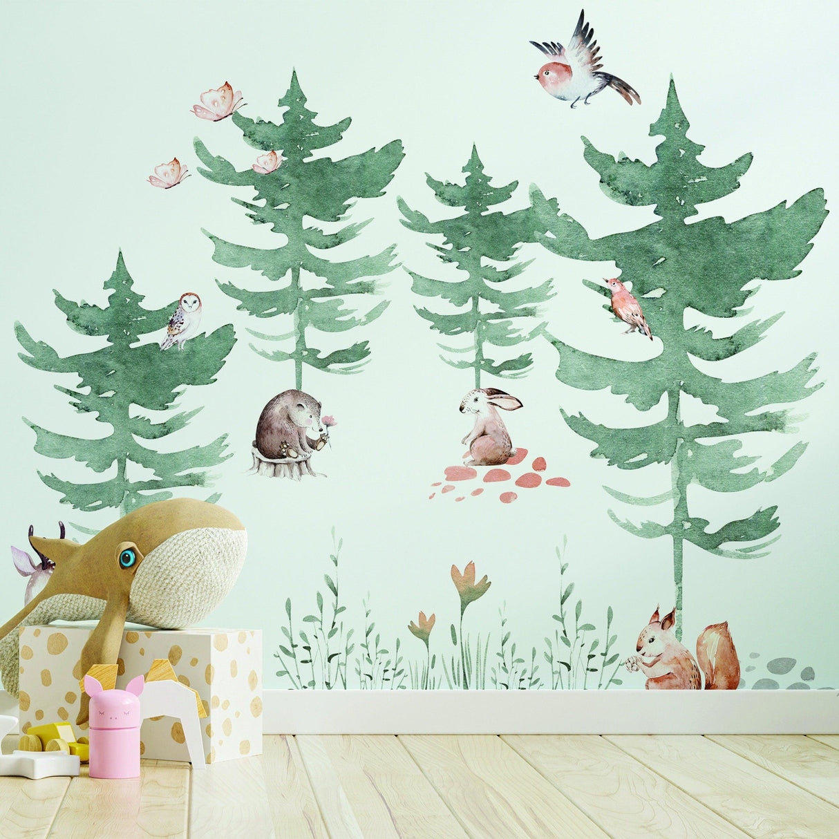 Watercolor forest animals and trees wall decal for kids room, featuring cute creatures and vibrant greenery.