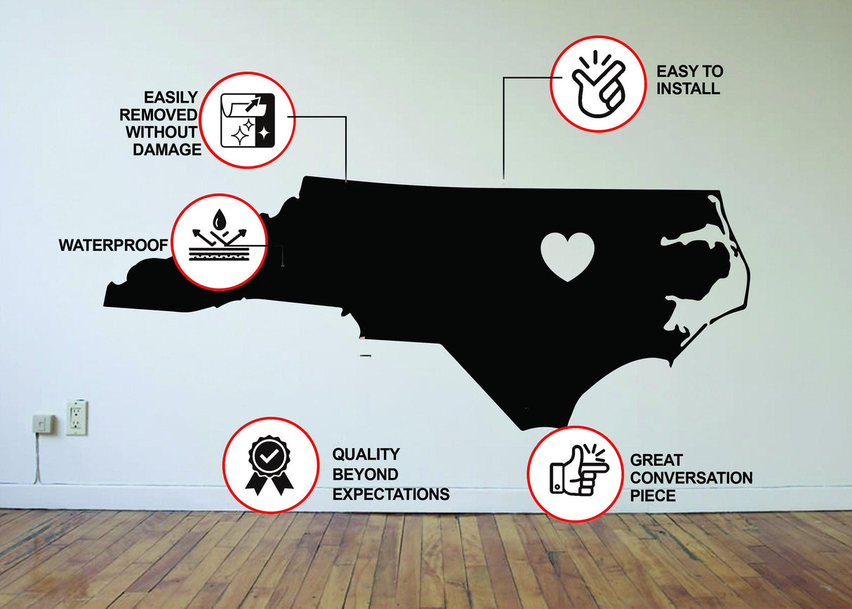 North Carolina decal showing features like easy install, waterproof, and removable without damage.