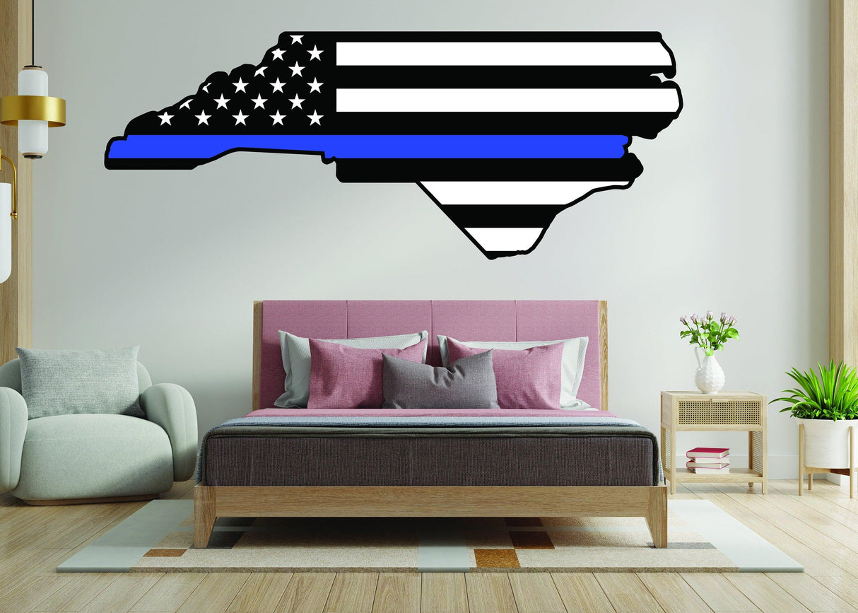 North Carolina wall sticker with American flag design in a modern bedroom decor setting.