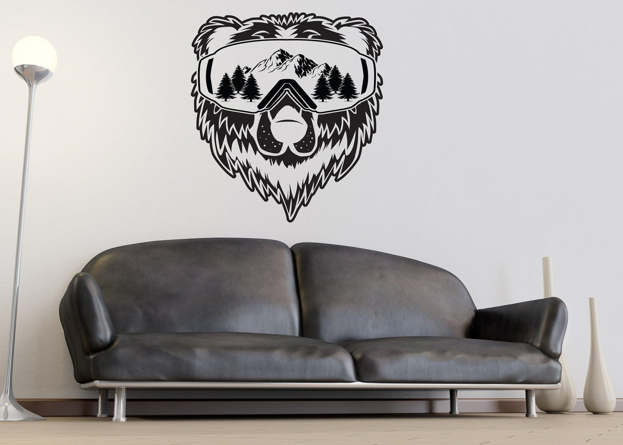 Wyoming wall sticker featuring a bear face with mountains and trees, perfect for nature-themed decor.