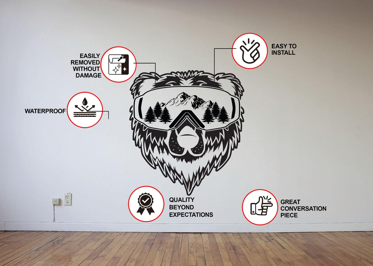 Wyoming bear face wall sticker showcasing install features like waterproof, easy removal, quality, and conversation starter.
