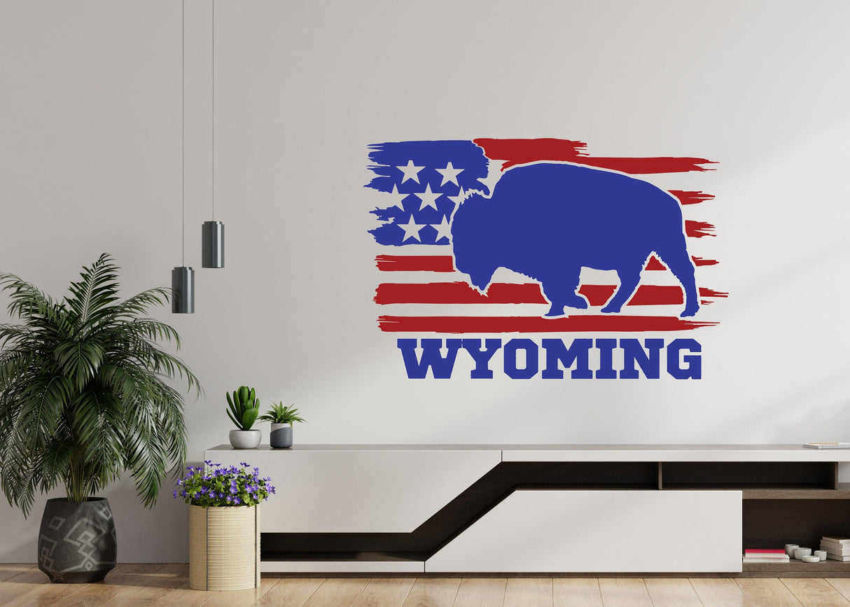 Wyoming state wall decal featuring a blue buffalo silhouette against a stylized American flag background.
