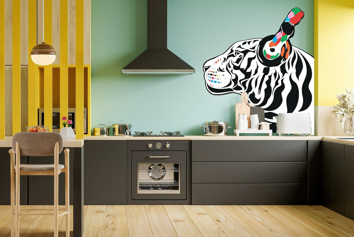 Tiger wall art sticker featuring a DJ tiger with headphones in a modern kitchen setting.